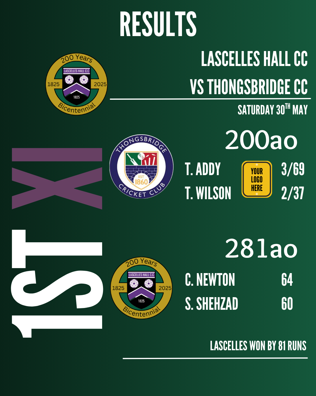 Lascelles Hall CC - Player Sponsorship - One Season